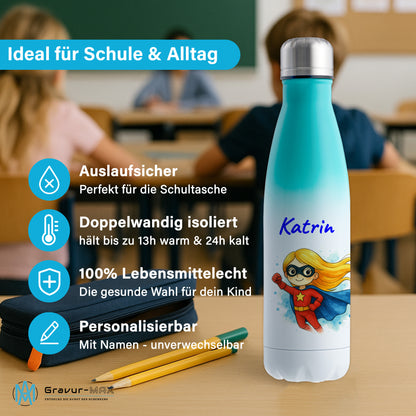 Thermoflasche 500ml in Weiß/Mint bedruckt mit tollen Motiven für Kinder "Superheldin" personalisierbar mit Wunschname