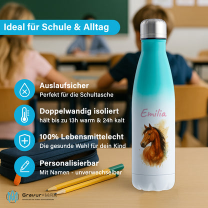 Thermoflasche 500ml in Weiß/Mint bedruckt mit tollen Motiven für Kinder "Pferd" personalisierbar mit Wunschname