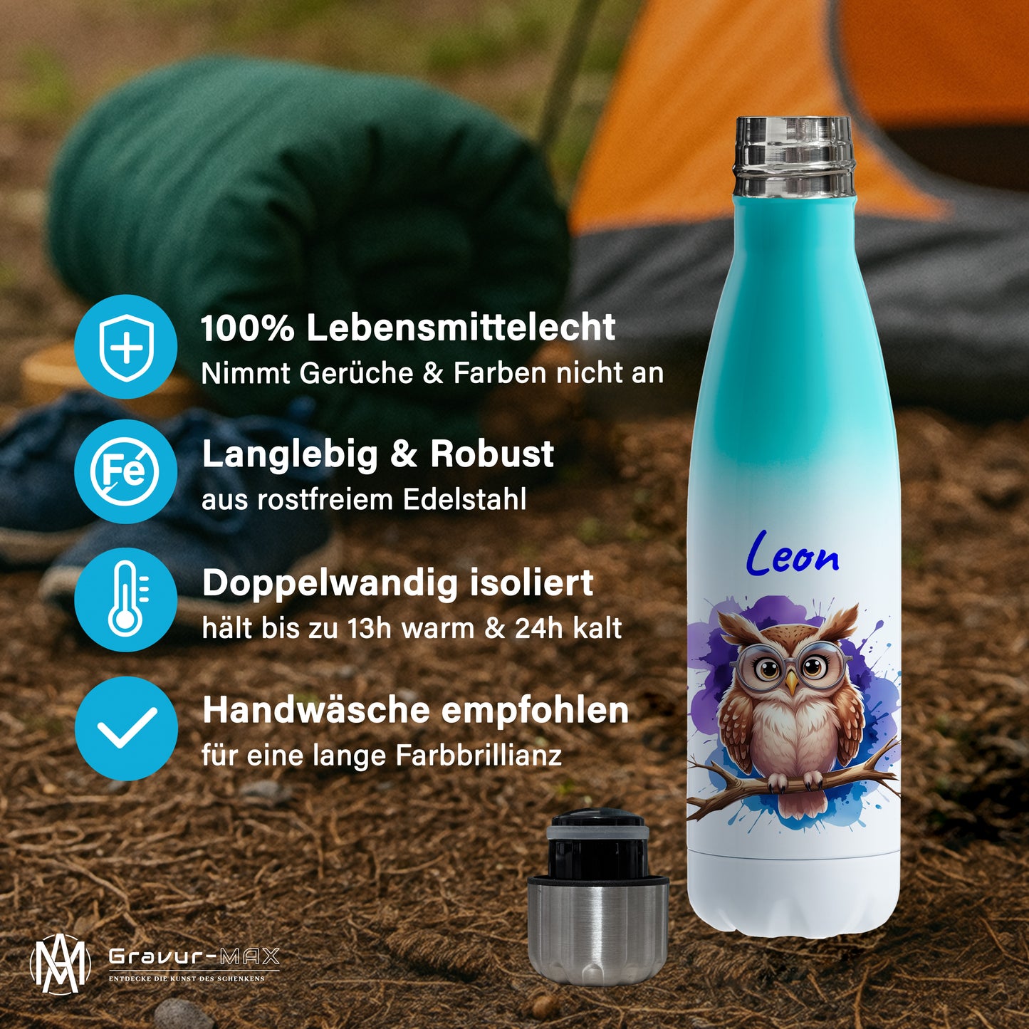 Trinkflasche in Weiß/Mint 500ml aus Edelstahl bedruckt mit niedlichen Tieren "Eule" personalisierbar für Kinder mit Wunschname