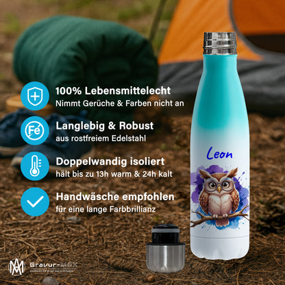 Trinkflasche in Weiß/Mint 500ml aus Edelstahl bedruckt mit niedlichen Tieren "Eule" personalisierbar für Kinder mit Wunschname