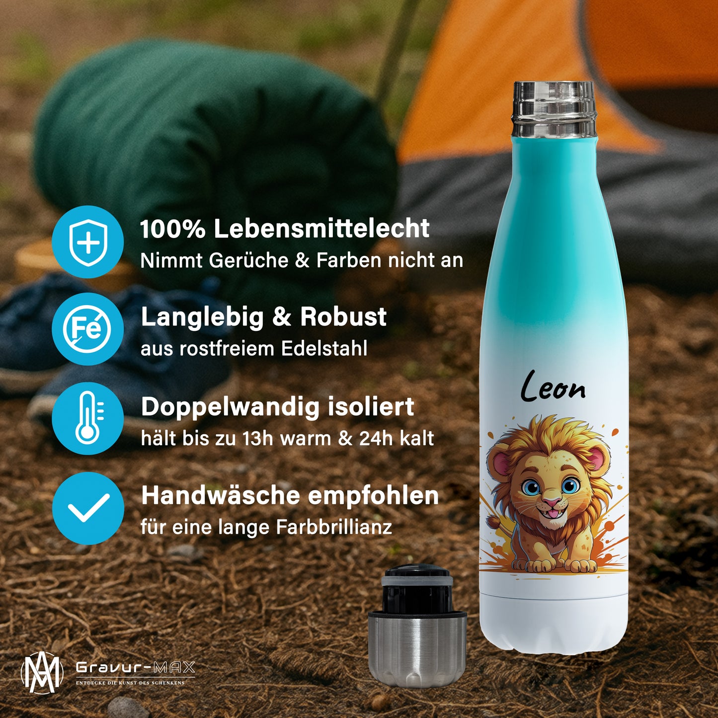 Trinkflasche in Weiß/Mint 500ml aus Edelstahl bedruckt mit niedlichen Tieren "Löwe" personalisierbar für Kinder mit Wunschname