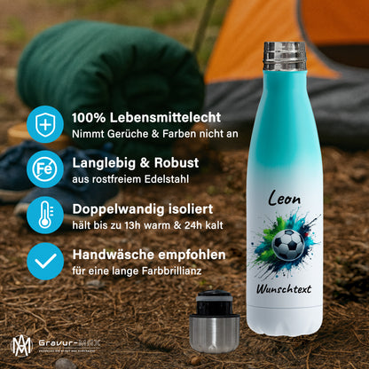 Thermoflasche 500ml in Weiß/Mint aus Edelstahl bedruckt "Fußball" Motiv8 personalisierbar mit Wunschname & Text