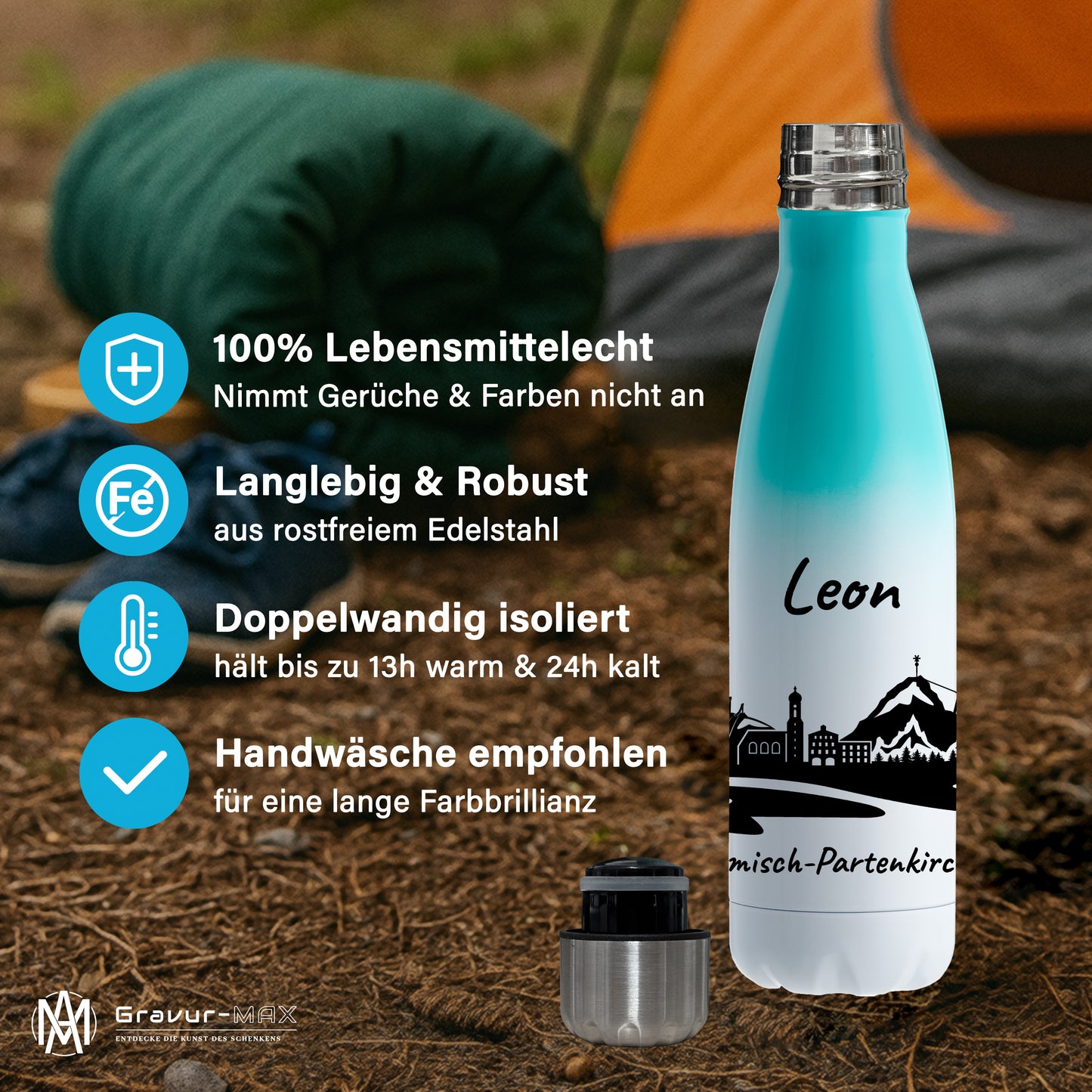 Trinkflasche in Weiß/Mint 500ml aus Edelstahl bedruckt mit der Skyline von Garmisch-Partenkirchen personalisierbar mit Wunschname