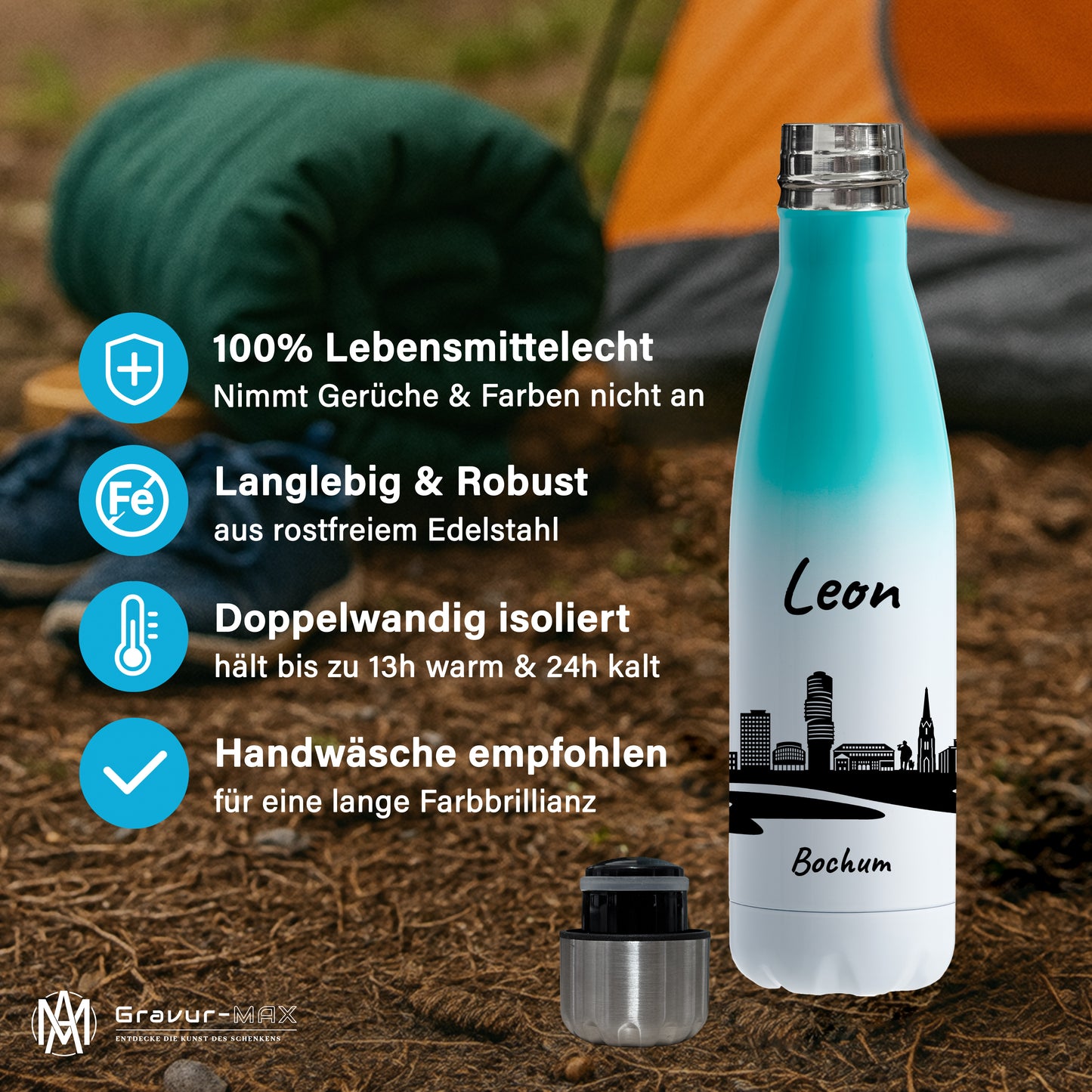 Trinkflasche in Weiß/Mint 500ml aus Edelstahl bedruckt mit der Skyline von Bochum personalisierbar mit Wunschname