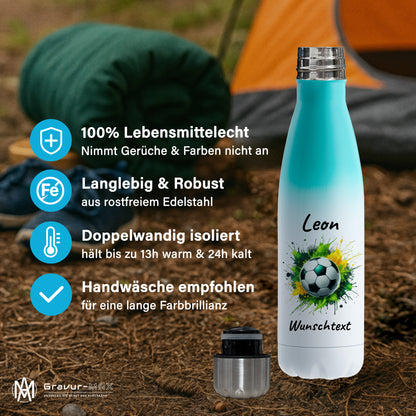 Thermoflasche 500ml in Weiß/Mint aus Edelstahl bedruckt "Fußball" Motiv11 personalisierbar mit Wunschname & Text