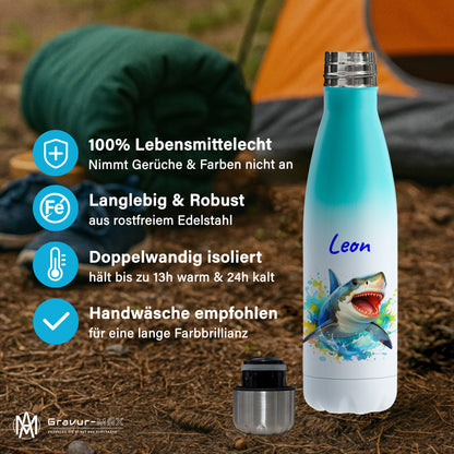 Thermoflasche 500ml in Weiß/Mint bedruckt mit tollen Motiven für Kinder "Hai" personalisierbar mit Wunschname