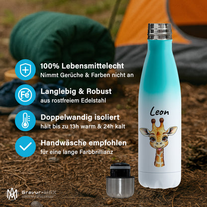 Trinkflasche in Weiß/Mint 500ml aus Edelstahl bedruckt mit niedlichen Tieren "Giraffe" personalisierbar für Kinder mit Wunschname
