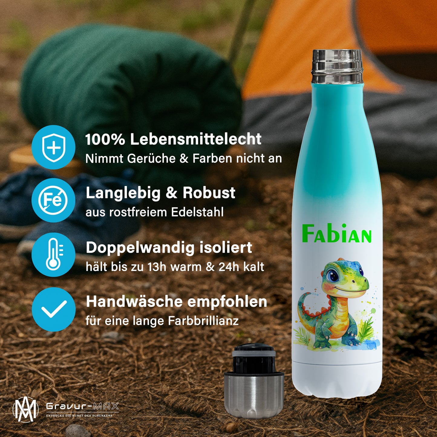 Thermoflasche 500ml in Weiß/Mint bedruckt mit tollen Motiven für Kinder "Dino Kinder" personalisierbar mit Wunschname