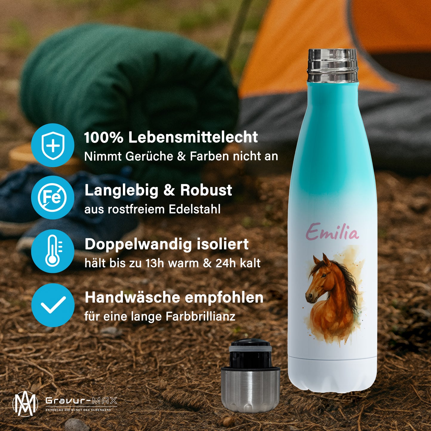 Thermoflasche 500ml in Weiß/Mint bedruckt mit tollen Motiven für Kinder "Pferd" personalisierbar mit Wunschname