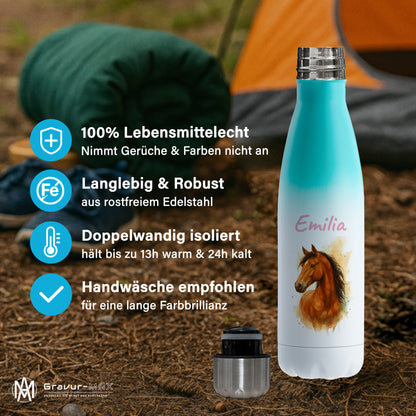 Thermoflasche 500ml in Weiß/Mint bedruckt mit tollen Motiven für Kinder "Pferd" personalisierbar mit Wunschname
