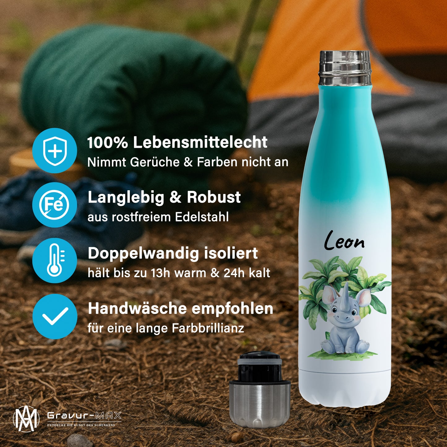 Trinkflasche mit Farbverlauf in Weiß/Mint 500ml aus Edelstahl bedruckt mit Dschungel Tieren"Nashorn" personalisierbar für Kinder mit Wunschname
