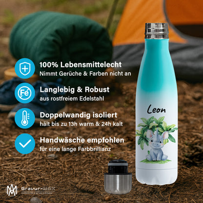 Trinkflasche mit Farbverlauf in Weiß/Mint 500ml aus Edelstahl bedruckt mit Dschungel Tieren"Nashorn" personalisierbar für Kinder mit Wunschname