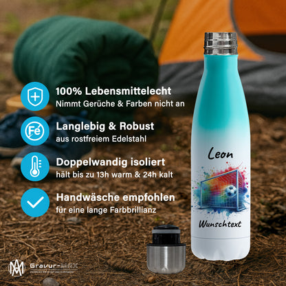 Thermoflasche 500ml in Weiß/Mint aus Edelstahl bedruckt "Fußball" Motiv5 personalisierbar mit Wunschname & Text