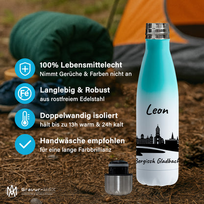 Trinkflasche in Weiß/Mint 500ml aus Edelstahl bedruckt mit der Skyline von Bergisch Gladbach personalisierbar mit Wunschname