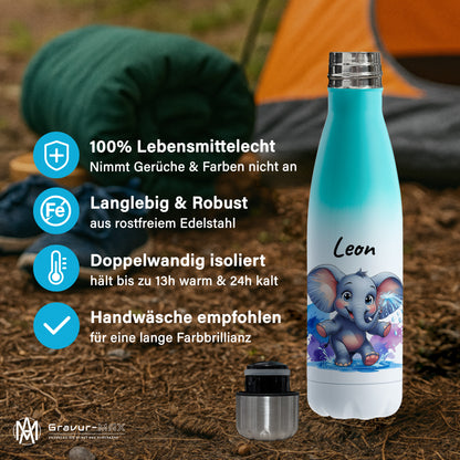 Trinkflasche in Weiß/Mint 500ml aus Edelstahl bedruckt mit niedlichen Tieren "Elefant" personalisierbar für Kinder mit Wunschname