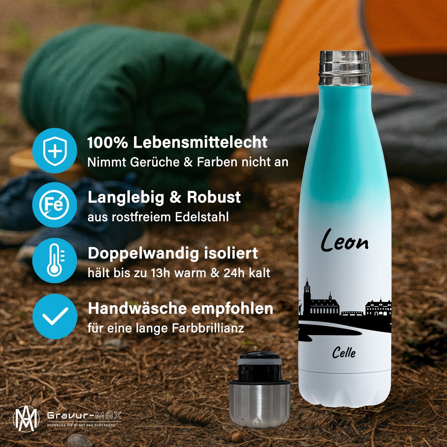 Trinkflasche in Weiß/Mint 500ml aus Edelstahl bedruckt mit der Skyline von Celle personalisierbar mit Wunschname