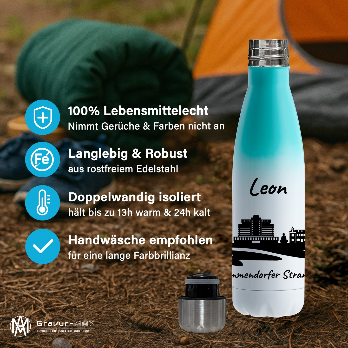 Trinkflasche in Weiß/Mint 500ml aus Edelstahl bedruckt mit der Skyline von Timmendorfer Strand personalisierbar mit Wunschname