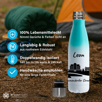 Trinkflasche in Weiß/Mint 500ml aus Edelstahl bedruckt mit der Skyline von Timmendorfer Strand personalisierbar mit Wunschname