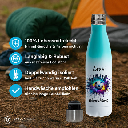 Thermoflasche 500ml in Weiß/Mint aus Edelstahl bedruckt "Fußball" Motiv7 personalisierbar mit Wunschname & Text