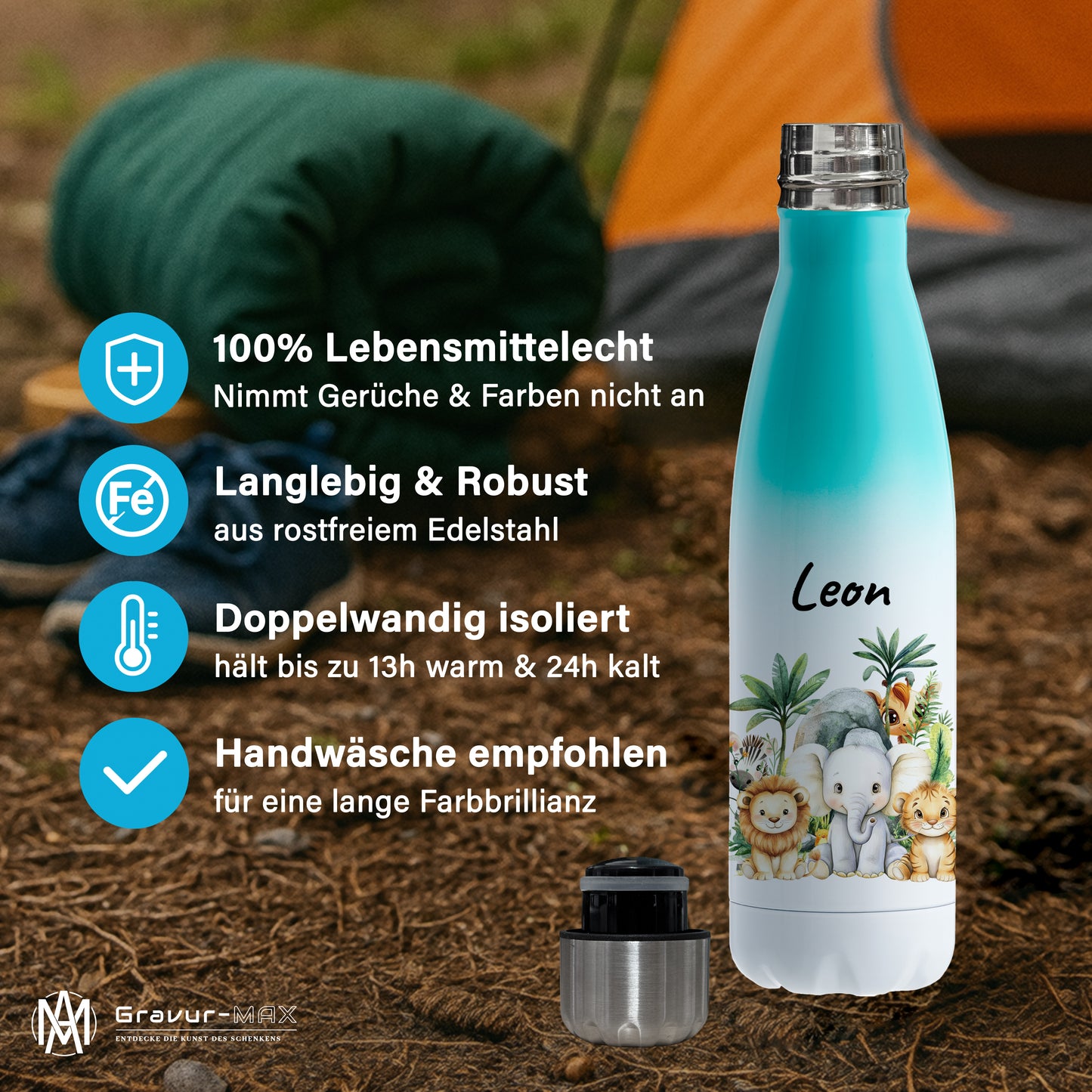 Trinkflasche mit Farbverlauf in Weiß/Mint 500ml aus Edelstahl bedruckt mit Dschungel Tieren"Dschungel Tiere" personalisierbar für Kinder mit Wunschname