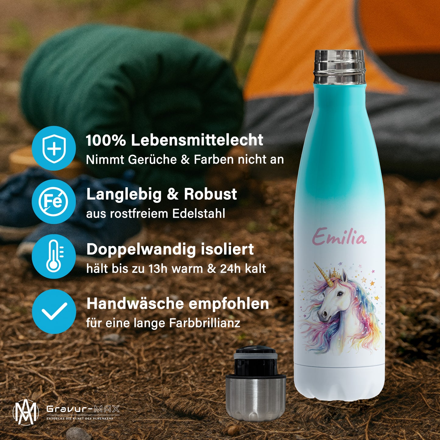 Thermoflasche 500ml in Weiß/Mint bedruckt mit tollen Motiven für Kinder "Einhorn" personalisierbar mit Wunschname