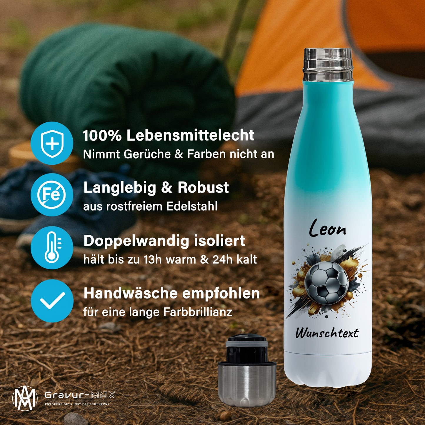 Thermoflasche 500ml in Weiß/Mint aus Edelstahl bedruckt "Fußball" Motiv13 personalisierbar mit Wunschname & Text