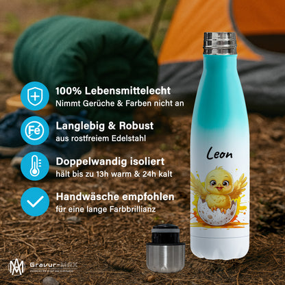Trinkflasche in Weiß/Mint 500ml aus Edelstahl bedruckt mit niedlichen Tieren "Küken" personalisierbar für Kinder mit Wunschname