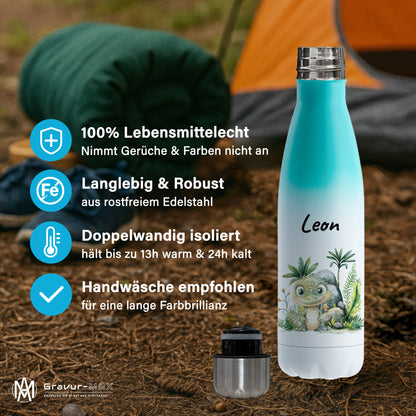 Trinkflasche mit Farbverlauf in Weiß/Mint 500ml aus Edelstahl bedruckt mit Dschungel Tieren"Krokodil" personalisierbar für Kinder mit Wunschname