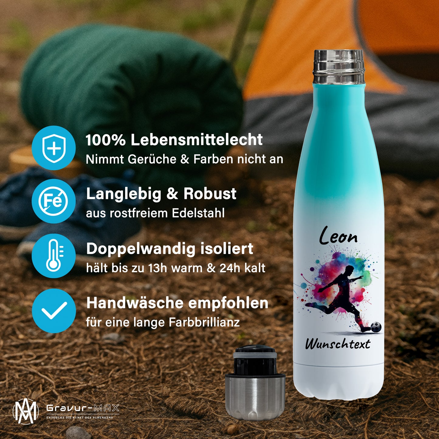 Thermoflasche 500ml in Weiß/Mint aus Edelstahl bedruckt "Fußball" Motiv4 personalisierbar mit Wunschname & Text