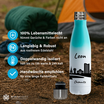 Trinkflasche in Weiß/Mint 500ml aus Edelstahl bedruckt mit der Skyline von Chemnitz personalisierbar mit Wunschname