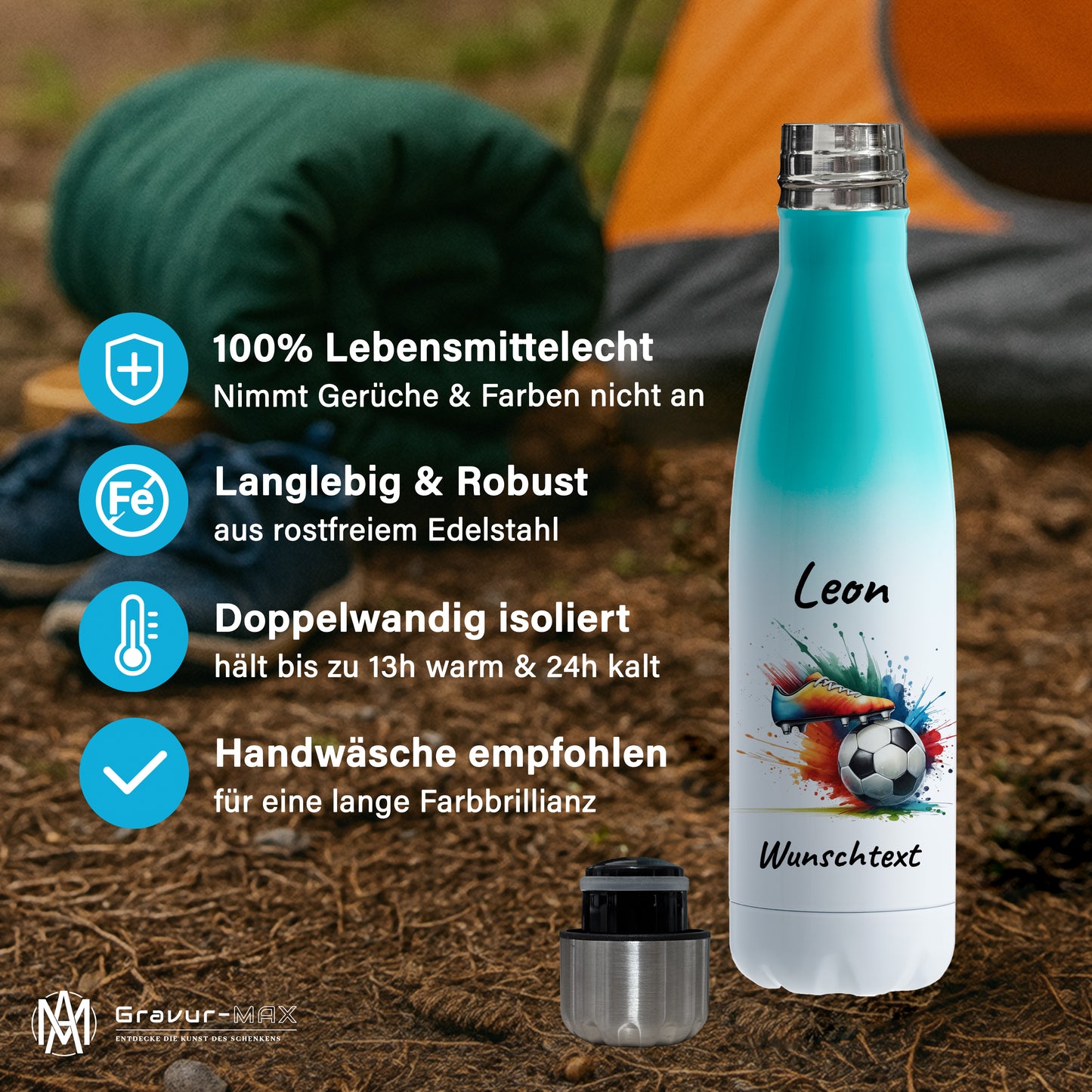 Thermoflasche 500ml in Weiß/Mint aus Edelstahl bedruckt "Fußball" Motiv6 personalisierbar mit Wunschname & Text