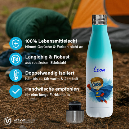 Thermoflasche 500ml in Weiß/Mint bedruckt mit tollen Motiven für Kinder "Superheld" personalisierbar mit Wunschname
