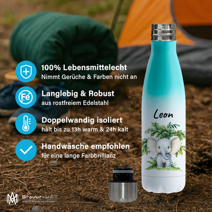 Trinkflasche mit Farbverlauf in Weiß/Mint 500ml aus Edelstahl bedruckt mit Dschungel Tieren"Elefant" personalisierbar für Kinder mit Wunschname