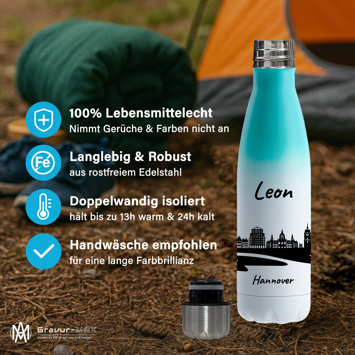 Trinkflasche in Weiß/Mint 500ml aus Edelstahl bedruckt mit der Skyline von Hannover personalisierbar mit Wunschname