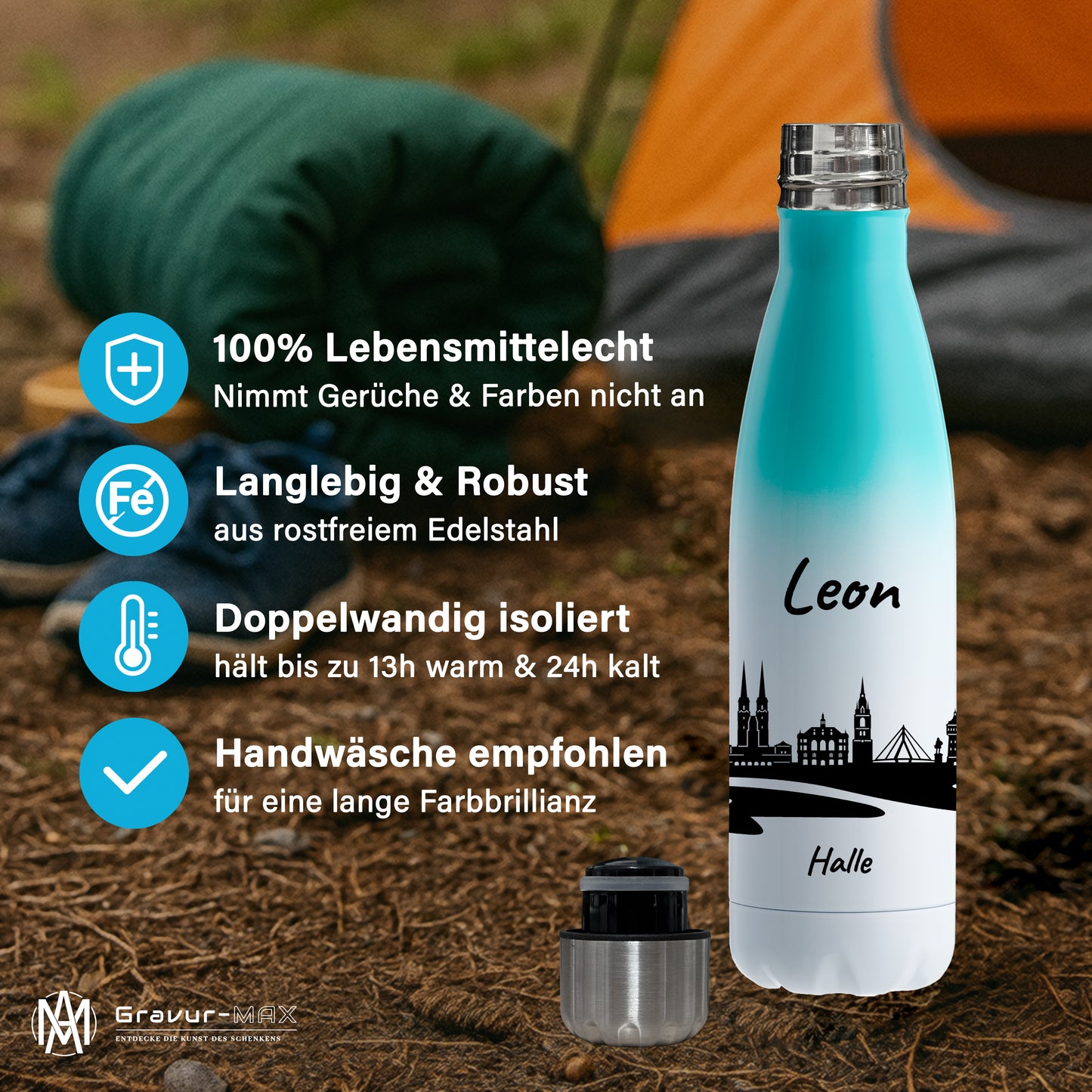 Trinkflasche in Weiß/Mint 500ml aus Edelstahl bedruckt mit der Skyline von Halle personalisierbar mit Wunschname