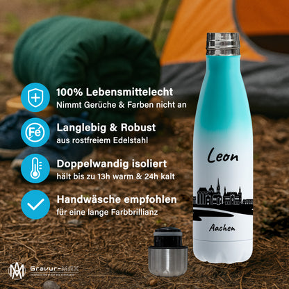 Trinkflasche in Weiß/Mint 500ml aus Edelstahl bedruckt mit der Skyline von Aachen personalisierbar mit Wunschname