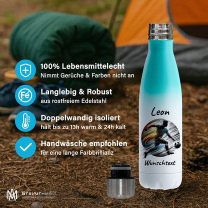 Thermoflasche 500ml in Weiß/Mint aus Edelstahl bedruckt "Fußball" Motiv2 personalisierbar mit Wunschname & Text