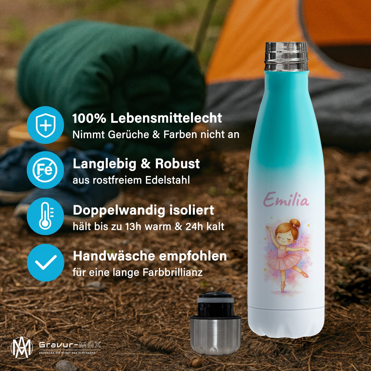 Thermoflasche 500ml in Weiß/Mint bedruckt mit tollen Motiven für Kinder "Ballerina" personalisierbar mit Wunschname