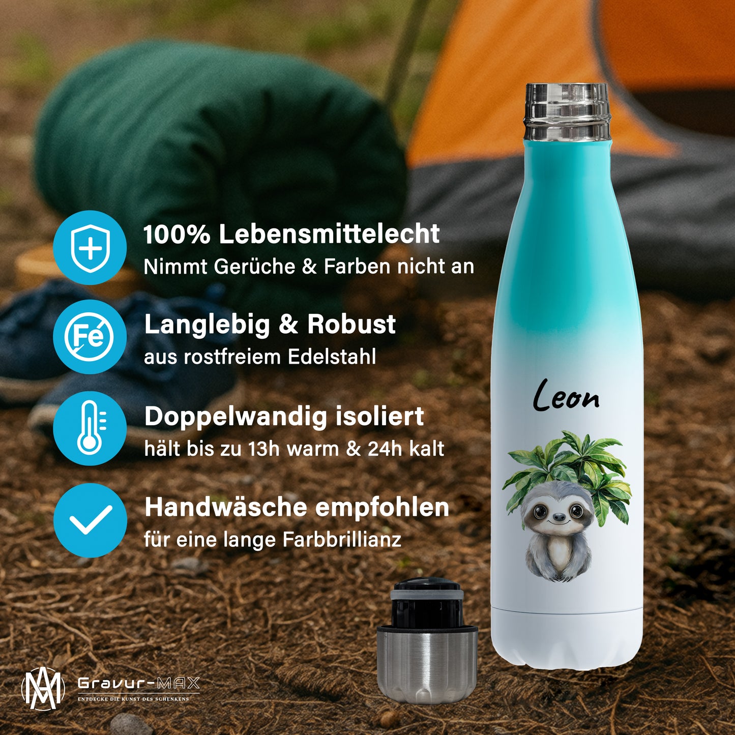 Trinkflasche mit Farbverlauf in Weiß/Mint 500ml aus Edelstahl bedruckt mit Dschungel Tieren"Faultier" personalisierbar für Kinder mit Wunschname
