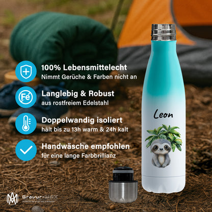 Trinkflasche mit Farbverlauf in Weiß/Mint 500ml aus Edelstahl bedruckt mit Dschungel Tieren"Faultier" personalisierbar für Kinder mit Wunschname