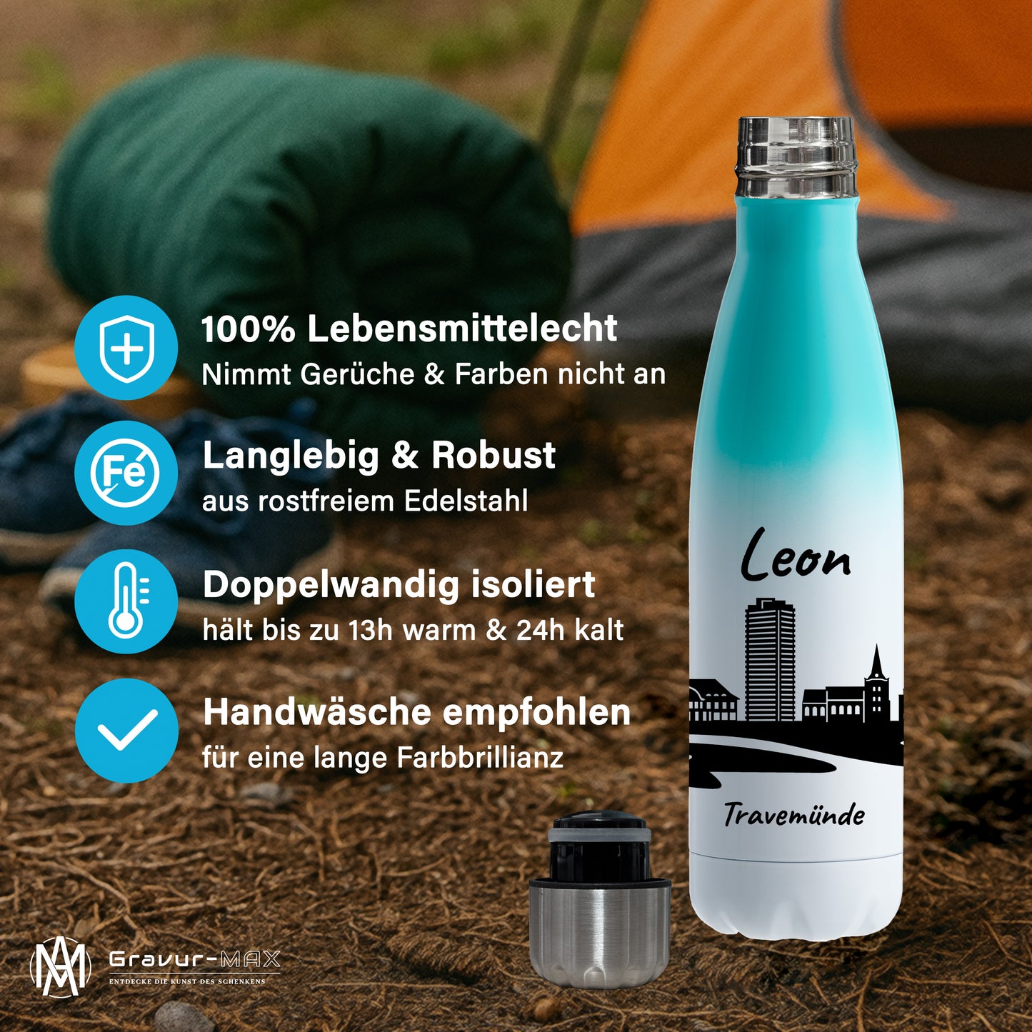 Trinkflasche in Weiß/Mint 500ml aus Edelstahl bedruckt mit der Skyline von Travemünde personalisierbar mit Wunschname