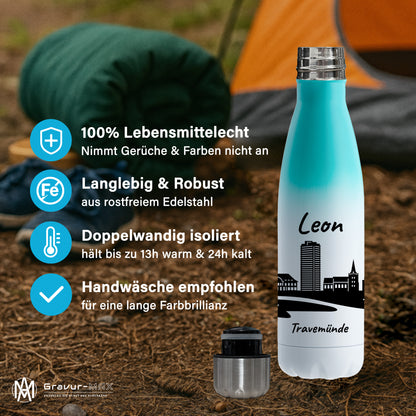 Trinkflasche in Weiß/Mint 500ml aus Edelstahl bedruckt mit der Skyline von Travemünde personalisierbar mit Wunschname