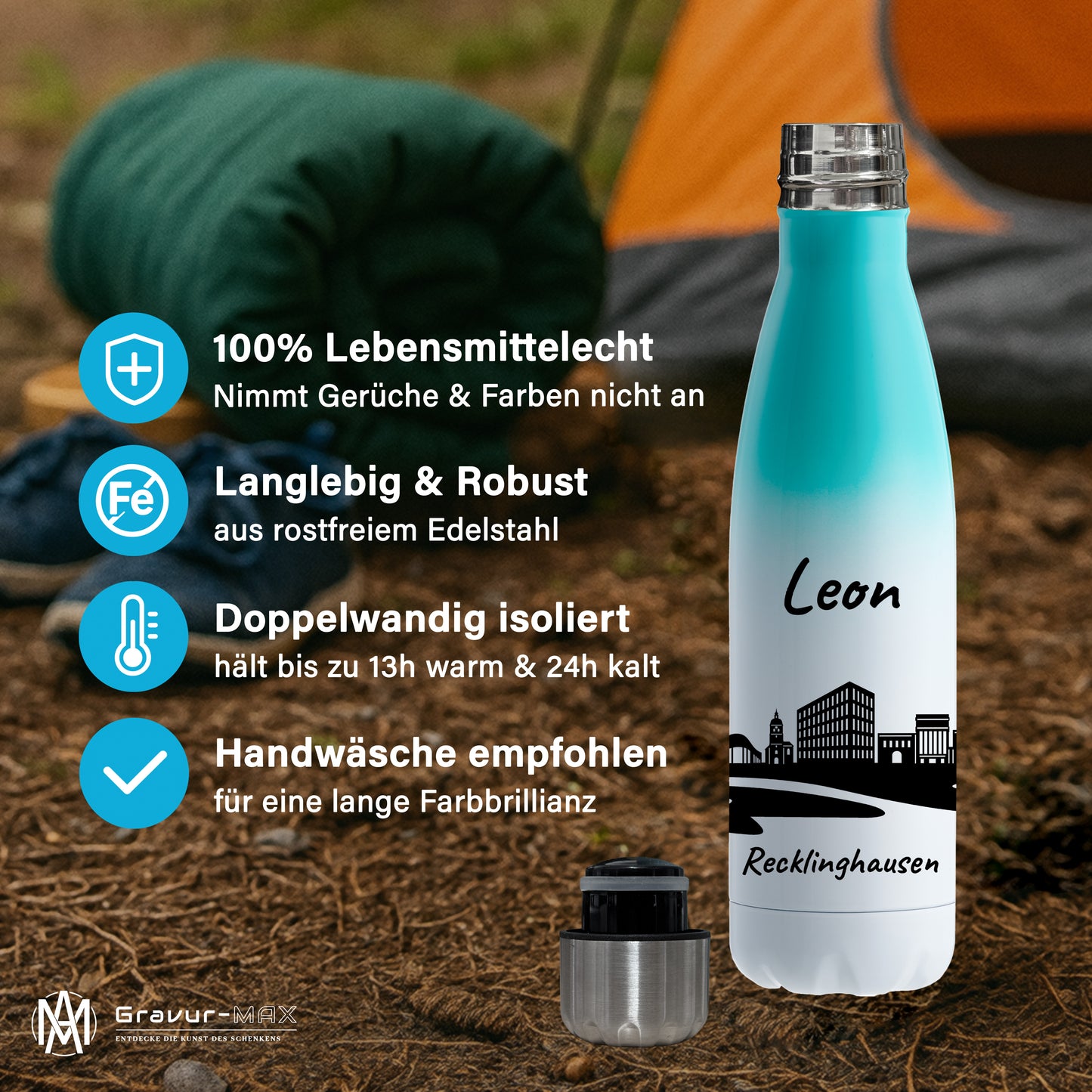Trinkflasche in Weiß/Mint 500ml aus Edelstahl bedruckt mit der Skyline von Recklinghausen personalisierbar mit Wunschname