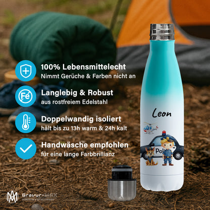 Thermoflasche 500ml in Weiß/Mint bedruckt mit tollen Motiven für Kinder "Polizei" personalisierbar mit Wunschname