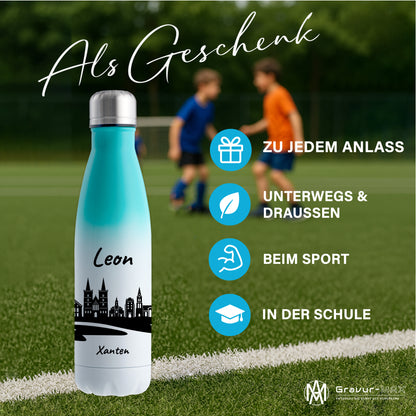 Trinkflasche in Weiß/Mint 500ml aus Edelstahl bedruckt mit der Skyline von Xanten personalisierbar mit Wunschname