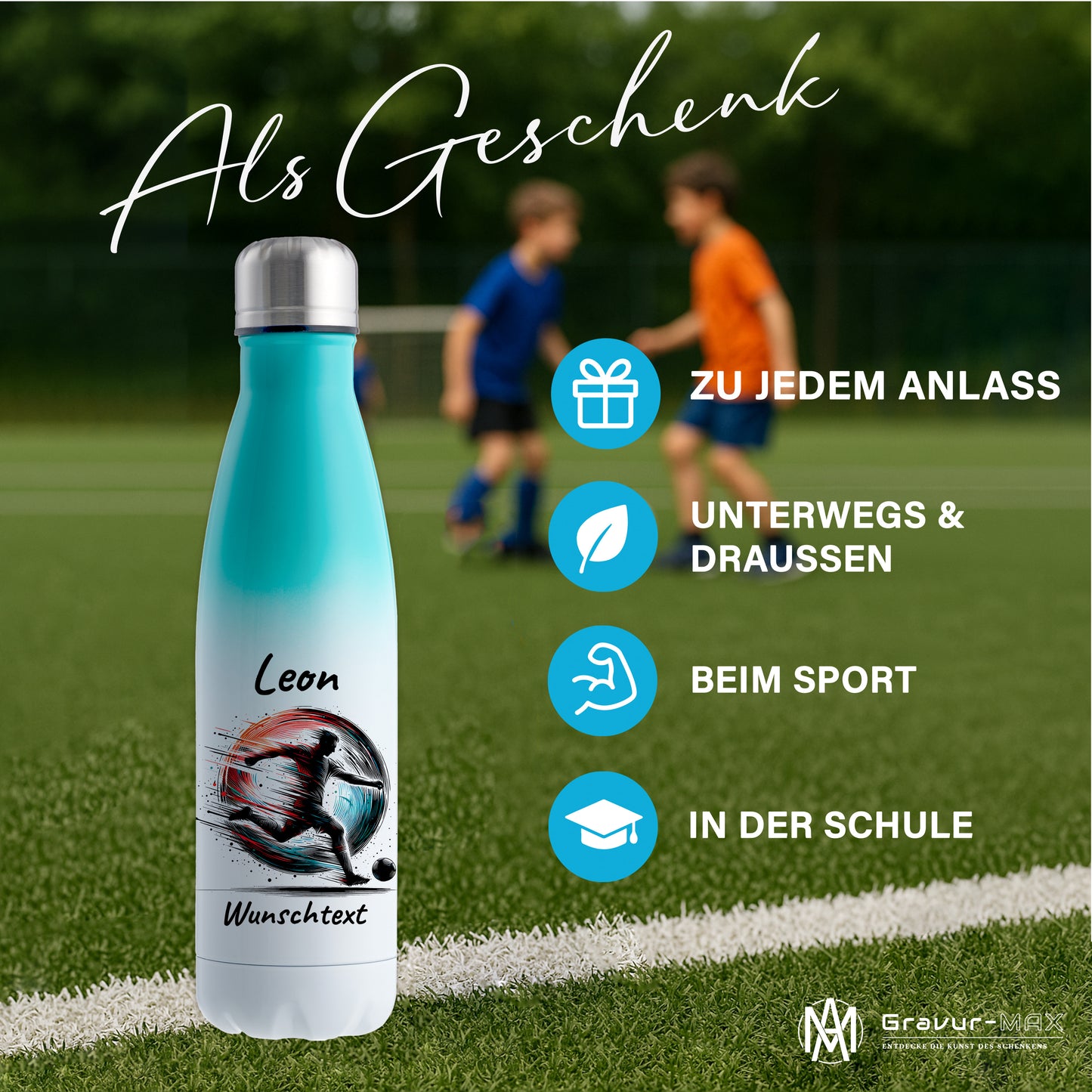 Thermoflasche 500ml in Weiß/Mint aus Edelstahl bedruckt "Fußball" Motiv3 personalisierbar mit Wunschname & Text