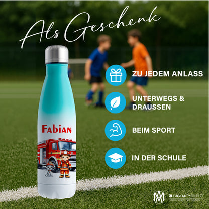 Thermoflasche 500ml in Weiß/Mint bedruckt mit tollen Motiven für Kinder "Feuerwehr" personalisierbar mit Wunschname
