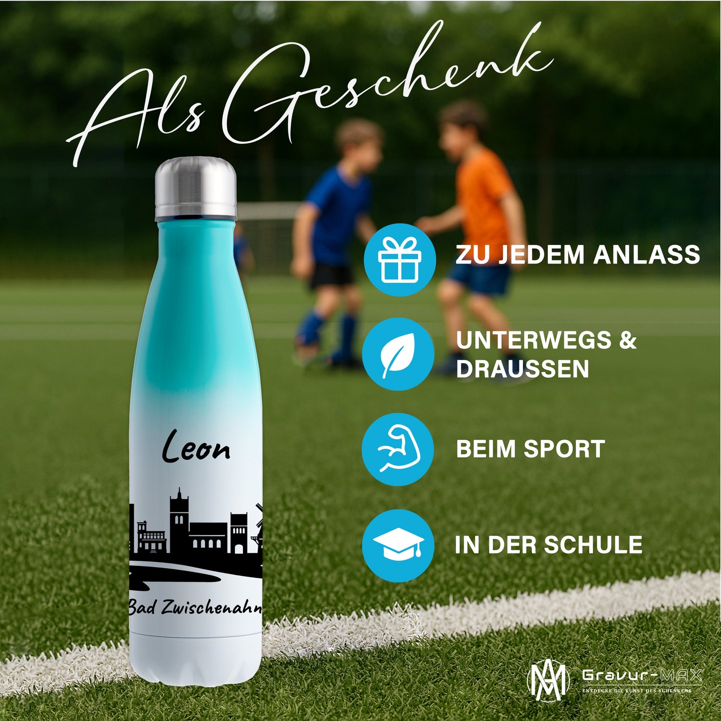 Trinkflasche in Weiß/Mint 500ml aus Edelstahl bedruckt mit der Skyline von Bad Zwischenahn personalisierbar mit Wunschname