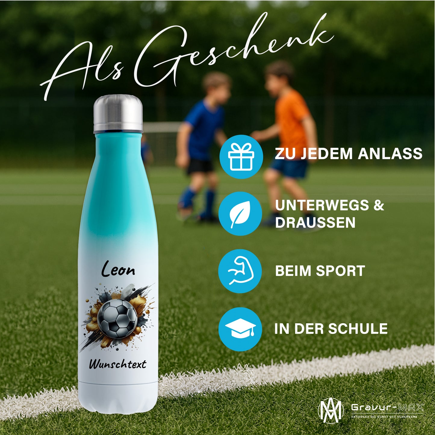Thermoflasche 500ml in Weiß/Mint aus Edelstahl bedruckt "Fußball" Motiv13 personalisierbar mit Wunschname & Text