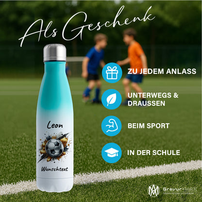 Thermoflasche 500ml in Weiß/Mint aus Edelstahl bedruckt "Fußball" Motiv13 personalisierbar mit Wunschname & Text
